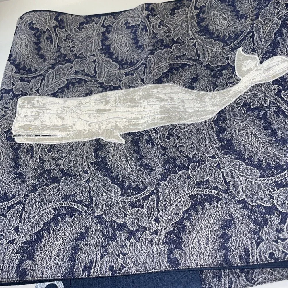 Navy Blue Whale Sea Ocean Waves‎ Chinese Style Table Runner Linen VTG 71”x 14”